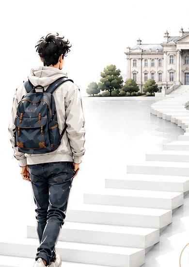 A student walking up steps towards a university building