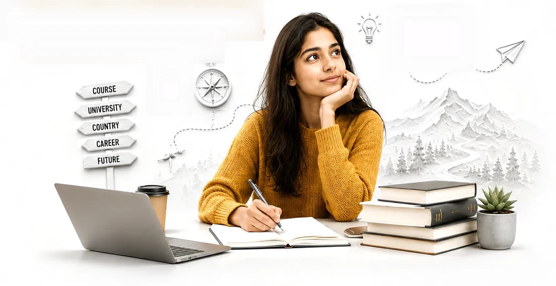 A student at a desk with a signpost reading course, university, country, career and future